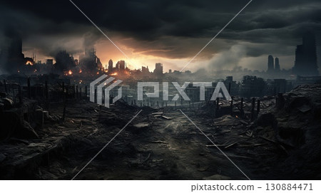 destroyed city after battle at war, demolished cityscape 130884471