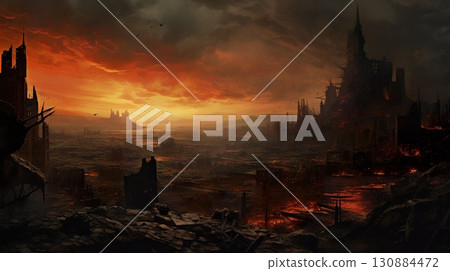 destroyed city after battle at war, demolished cityscape 130884472