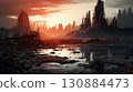 destroyed city after battle at war, demolished cityscape 130884473