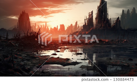 destroyed city after battle at war, demolished cityscape 130884473