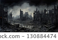 destroyed city after battle at war, demolished cityscape 130884474