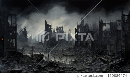 destroyed city after battle at war, demolished cityscape 130884474