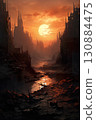 destroyed city after battle at war, demolished cityscape 130884475