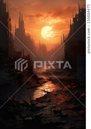 destroyed city after battle at war, demolished cityscape 130884475