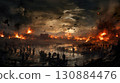 ancient battlefield with soldiers fighting, historical battle 130884476