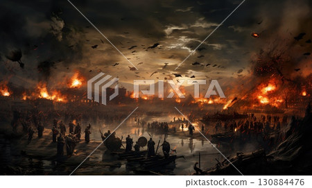 ancient battlefield with soldiers fighting, historical battle 130884476