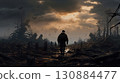 silhouette of soldier standing on devastated land after battle, military infantry warrior on battlefield on ruined city background, conflict zone concept 130884477