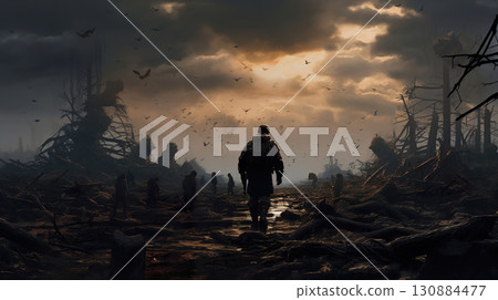 silhouette of soldier standing on devastated land after battle, military infantry warrior on battlefield on ruined city background, conflict zone concept 130884477