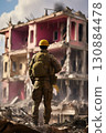 silhouette of soldier standing on devastated land after battle, military infantry warrior on battlefield on ruined city background, conflict zone concept 130884478