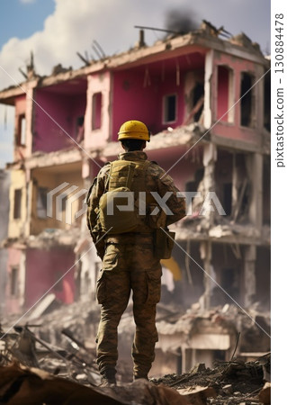 silhouette of soldier standing on devastated land after battle, military infantry warrior on battlefield on ruined city background, conflict zone concept 130884478