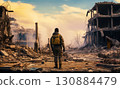 silhouette of soldier standing on devastated land after battle, military infantry warrior on battlefield on ruined city background, conflict zone concept 130884479