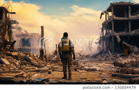 silhouette of soldier standing on devastated land after battle, military infantry warrior on battlefield on ruined city background, conflict zone concept 130884479