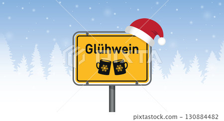 place sign with german word mulled wine in snowy winter landscape vector illustration 130884482