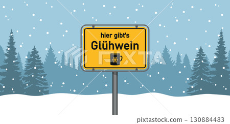 place sign with german word mulled wine in snowy winter landscape vector illustration place sign with german word mulled wine in snowy winter landscape vector illustration 130884483