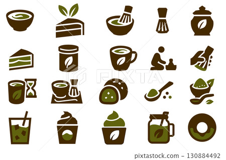 Matcha tea icon set with cups, desserts, whisk, powder and leaves in minimal flat style Matcha tea icon set with cups, desserts, whisk, powder and leaves in minimal flat style 130884492