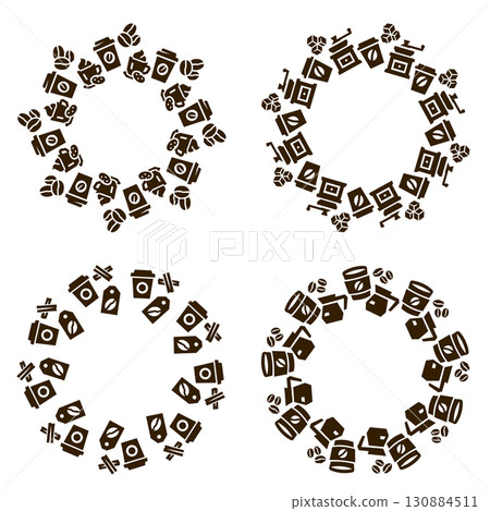Coffee wreath collection with cups, mugs, beans, brewing tools, and coffee-related elements Coffee wreath collection with cups, mugs, beans, brewing tools, and coffee-related elements 130884511
