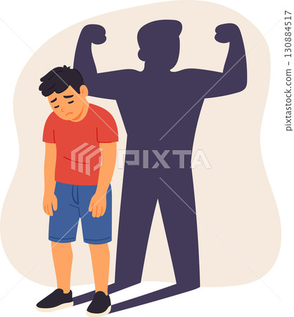 Sad boy with powerful strong shadow symbolizing self belief, motivation and personal growth 130884517
