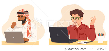Men working Remotely, Arab man in traditional clothes and man in glasses frustrated with work, Men working Remotely, Arab man in traditional clothes and man in glasses frustrated with work, 130884525