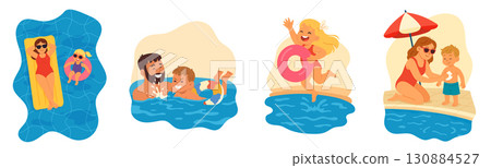 Summer swimming pool activities with family and children, vacation leisure vector illustration Summer swimming pool activities with family and children, vacation leisure vector illustration 130884527