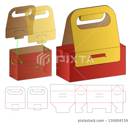 Printable Handle Box Template with Die-Cut and Flat Layout Printable Handle Box Template with Die-Cut and Flat Layout 130884539