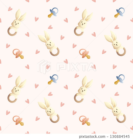 seamless pattern with bunny teether and pacifiers, realistic pastel baby toy design for nursery seamless pattern with bunny teether and pacifiers, realistic pastel baby toy design for nursery 130884545