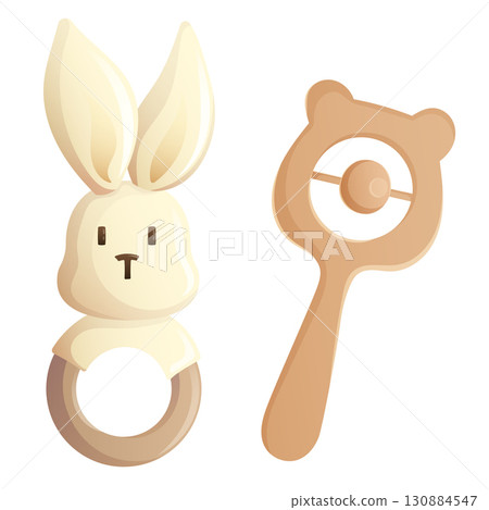 bunny teether and wooden bear rattle, realistic baby toys in pastel natural tones. bunny teether and wooden bear rattle, realistic baby toys in pastel natural tones. 130884547
