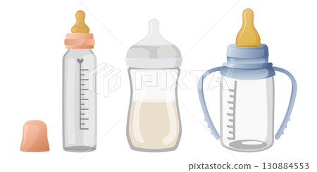 Child items set with three Montessori baby feeding bottles classic, wide neck and training cup Child items set with three Montessori baby feeding bottles classic, wide neck and training cup 130884553