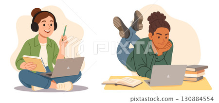 Young women studying online with laptops, learning at home with books and headphones, 130884554