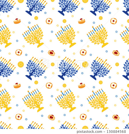 Hanukkah seamless pattern with blue and golden hanukiah menorahs, donuts and chocolate coins Hanukkah seamless pattern with blue and golden hanukiah menorahs, donuts and chocolate coins 130884568