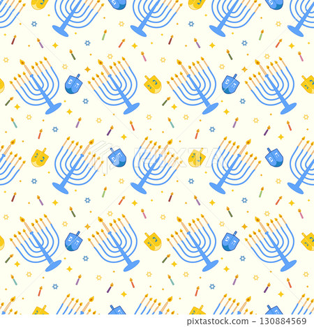 Hanukkah seamless pattern with blue hanukiah menorahs, dreidels and candles in modern flat style Hanukkah seamless pattern with blue hanukiah menorahs, dreidels and candles in modern flat style 130884569
