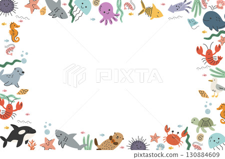 Horizontal sea animals frame with whale, shark, crab and jellyfish 130884609