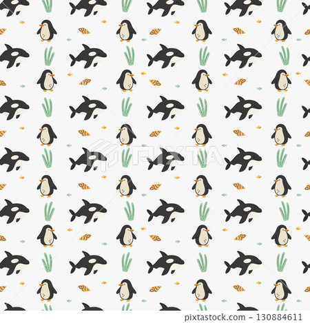 Seamless marine pattern with penguins, killer whales and fish Seamless marine pattern with penguins, killer whales and fish 130884611