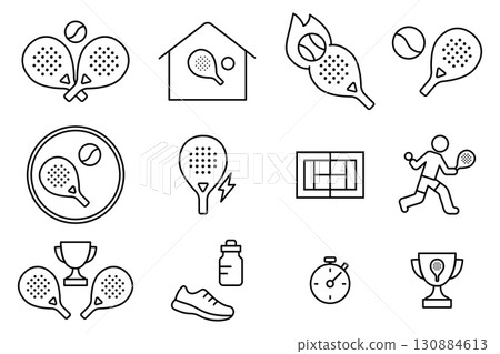 Padel sport line icons set with rackets, court, player and equipment in minimal outline style, Padel sport line icons set with rackets, court, player and equipment in minimal outline style, 130884613