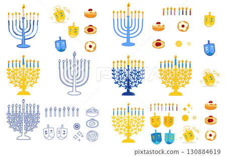 Hanukkah clipart set with hanukiah menorahs, dreidels, candles, donuts and chocolate coins Hanukkah clipart set with hanukiah menorahs, dreidels, candles, donuts and chocolate coins 130884619