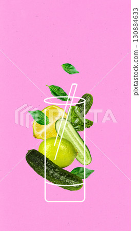Collage of lemon lime cucumber mint juice arrangement on pink background Collage of lemon lime cucumber mint juice arrangement on pink background 130884633
