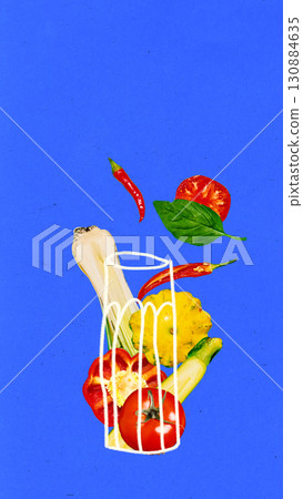 Graphic composition. Spicy tomato chili vegetable juice mix in graphic glass on blue background Graphic composition. Spicy tomato chili vegetable juice mix in graphic glass on blue background 130884635