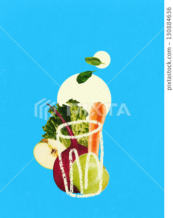 Digital collage. Fresh beet carrot apple juice composition with leaves on blue background 130884636