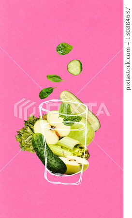 Collage of green detox juice concept with cucumber apple and celery on pink background 130884637