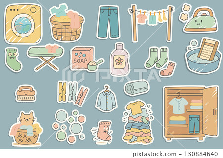 Cute Laundry Stickers set with washing machine, clothes, socks, detergent and household items Cute Laundry Stickers set with washing machine, clothes, socks, detergent and household items 130884640
