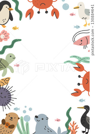 Vertical underwater frame with penguin, crab, turtle and fish in cartoon marine 130884641