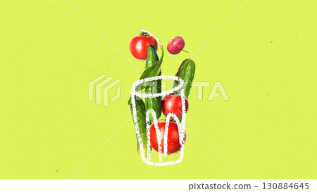 Collage of tomatoes cucumbers radish inside white outline glass on green background for fresh juice design 130884645