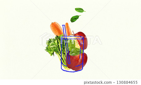 Bright artwork. Apples carrots celery spinach inside blue outline glass with straw on beige background for smoothie marketing 130884655