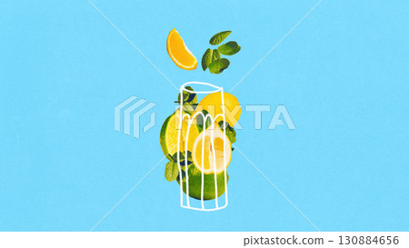 Modern composition. Lemon and lime slices with mint in white outline glass on blue background for refreshing juice advertising Modern composition. Lemon and lime slices with mint in white outline glass on blue background for refreshing juice advertising 130884656