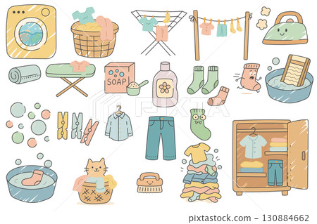 Cute Laundry clipart set with washing machine, clothes, socks, detergent and household items 130884662