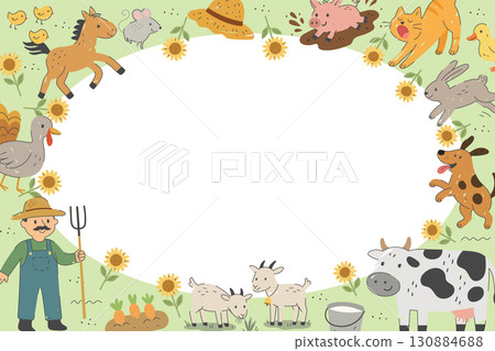 Decorative frame with farm animals, farmer,sunflowers and countryside elements in flat cartoon style 130884688