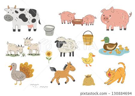 Set of farm animals including cow, goats, sheep, pigs and duck family in simple colorful flat style 130884694