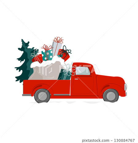 Christmas red truck with Xmas tree and gifts on white background. Vintage pick up truck vector isolated illustration 130884767