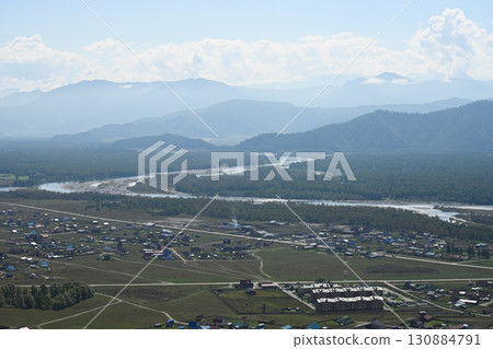Ust-Koksa village with the confluence of the Koksa and Katun rivers. Altai , Russia 130884791