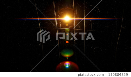 Cinematic lens flare overlay with vertical orange light on black background, abstract anamorphic beam with old film scratches for video editing special effect 130884839