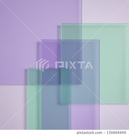 Modern abstract background with overlapping frosted glass plates, minimalist design with pastel purple and green colors, corporate presentation or wallpaper concept. 130884849